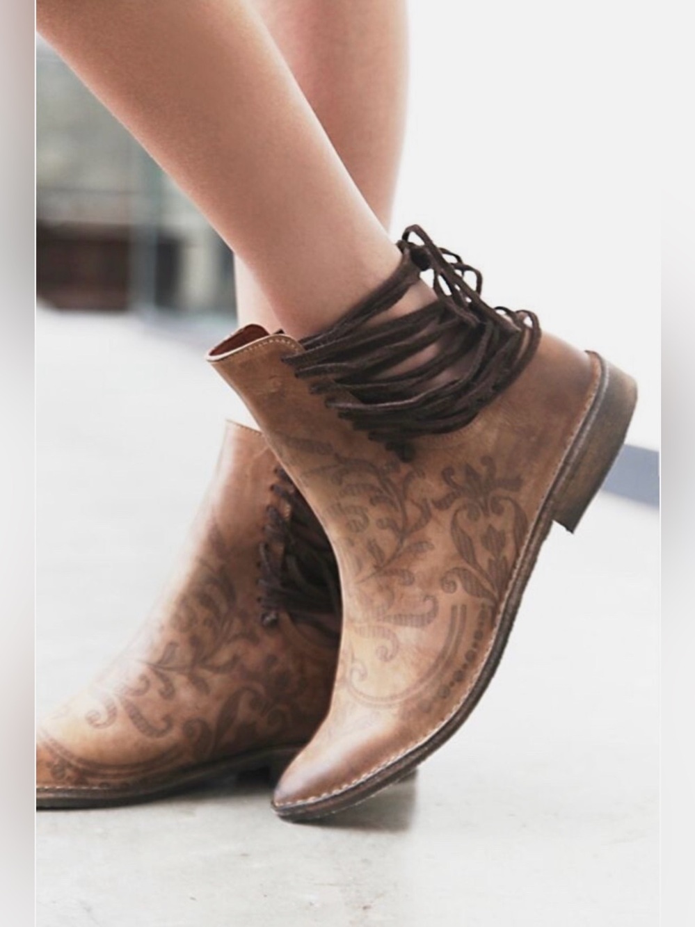Free People Tan Embossed Ankle Boots with Fringe Laces